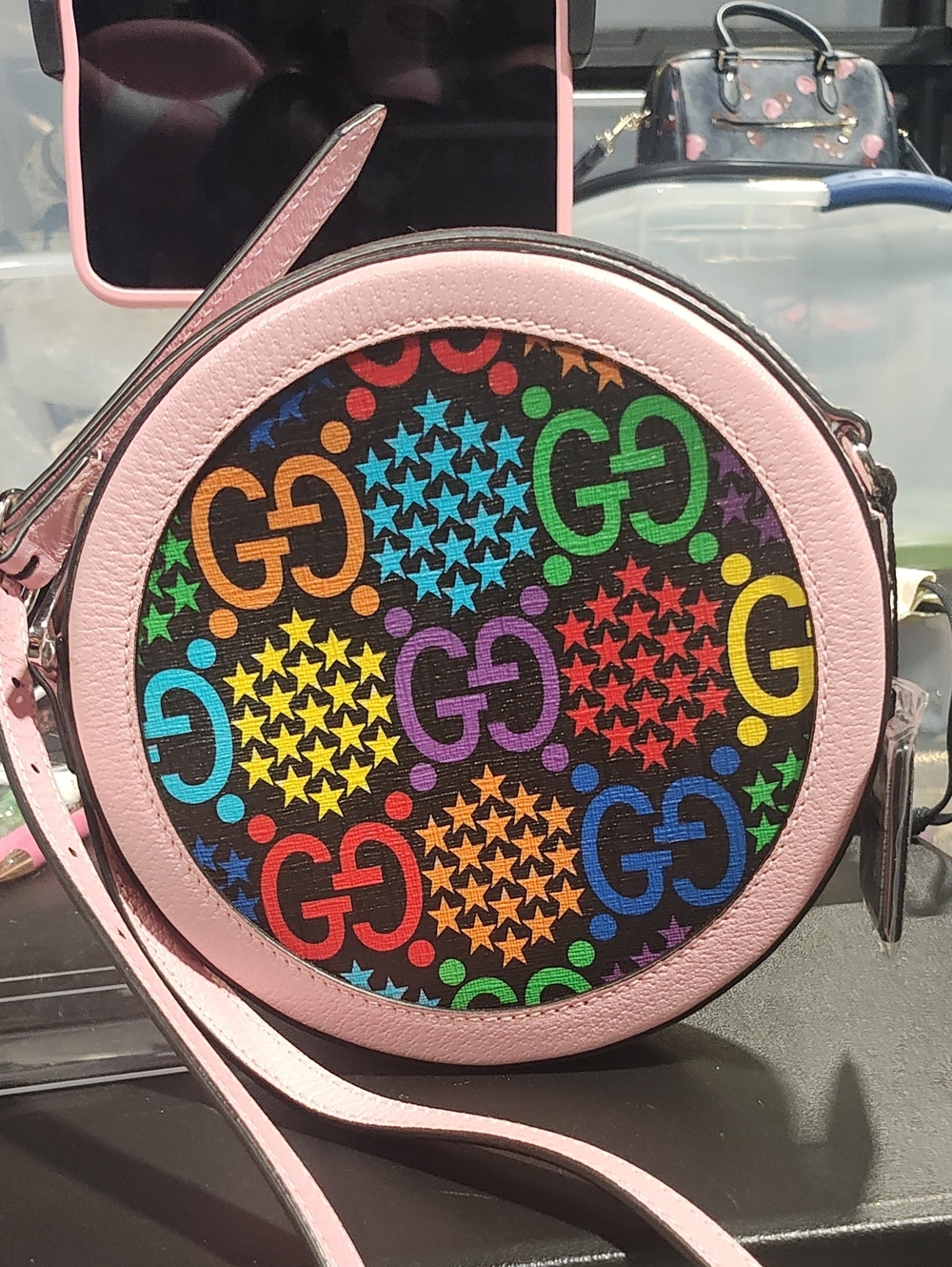 Gucci Pink Leather Round Crossbody with Rainbow GG Pattern